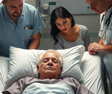 Two doctors attend to a man lying in a hospital bed, monitoring his health.